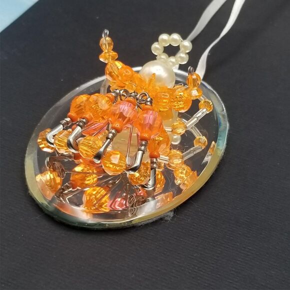 Vintage Beaded Angel Ornament Mirror 3" Bright Orange Pearl Handmade Safety Pins - Picture 5 of 5